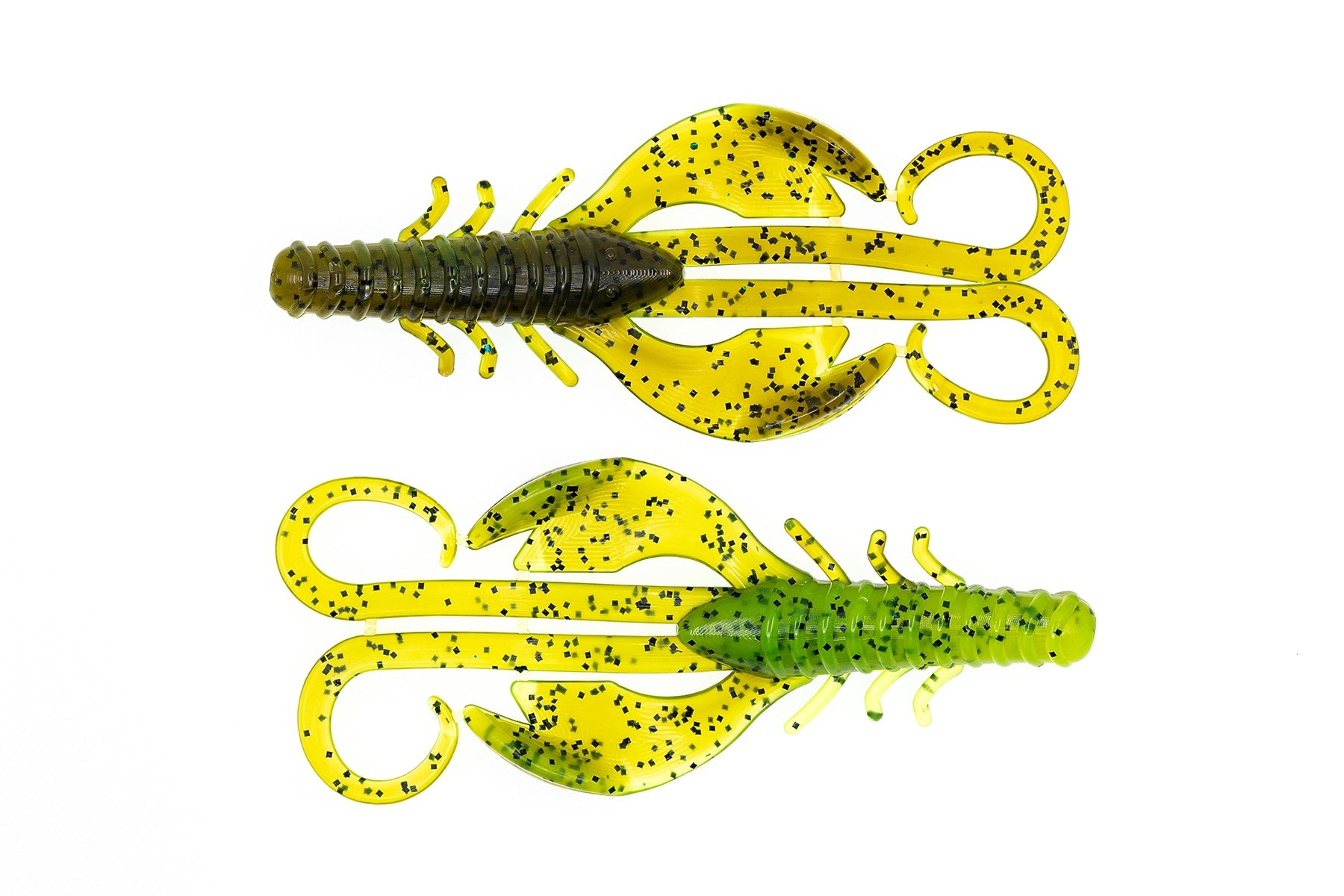 Two yellow and green fishing lures on a white background