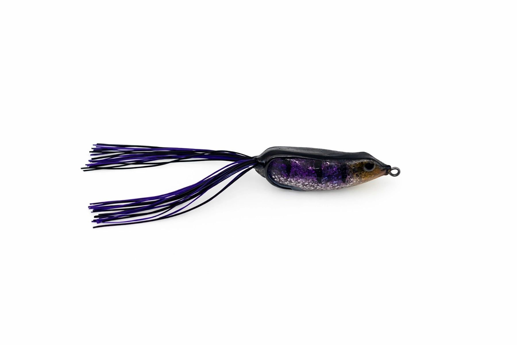 Fishing lure with purple and black details on a white background