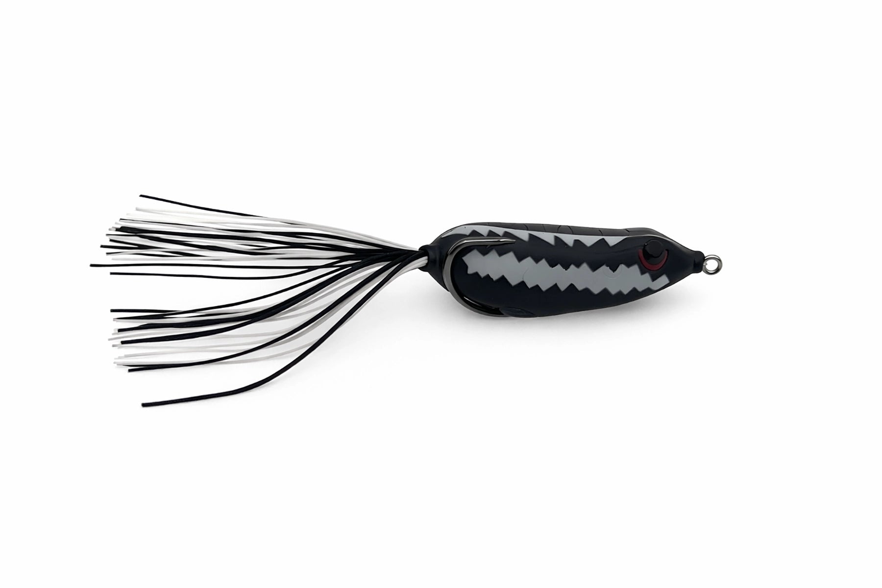 Black and silver fishing lure on a white background
