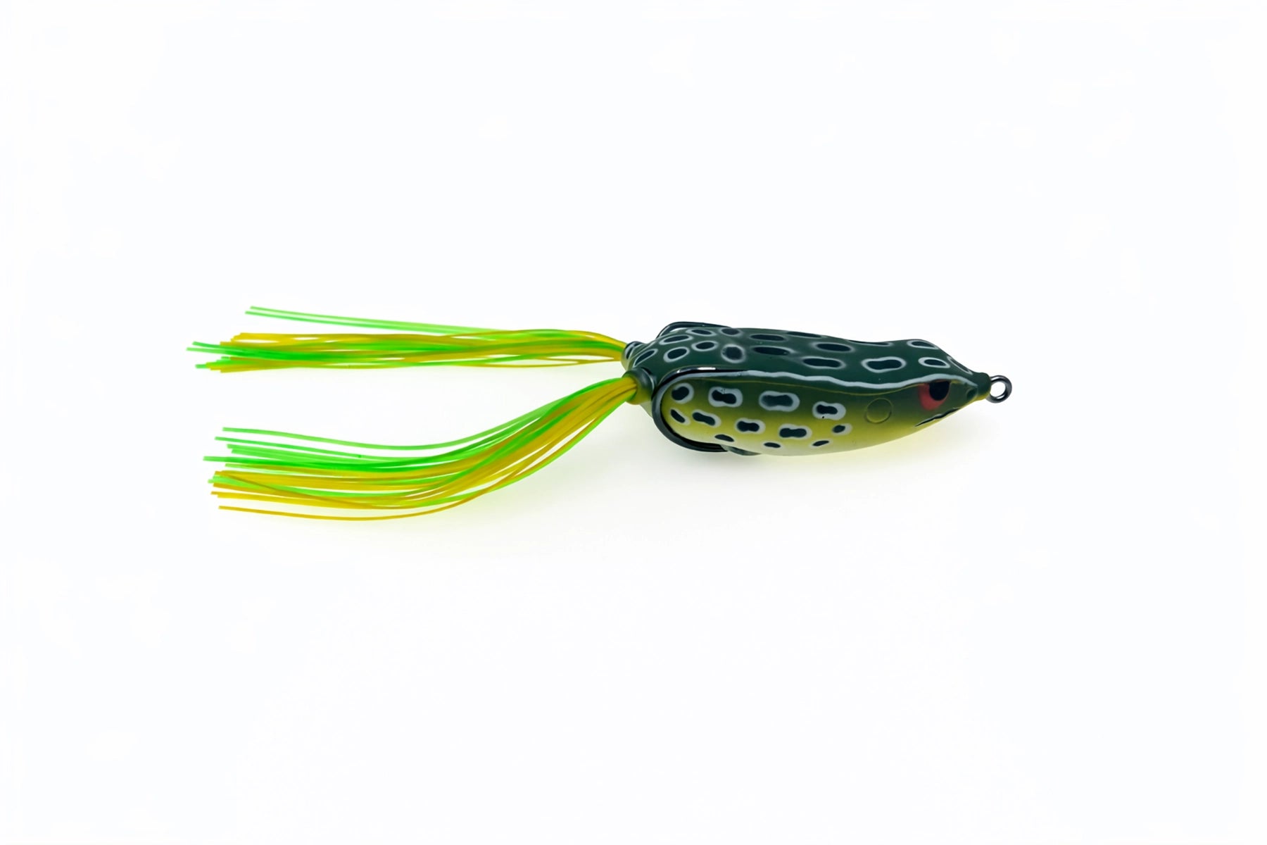 Frog-shaped fishing lure with green and yellow details on a white background