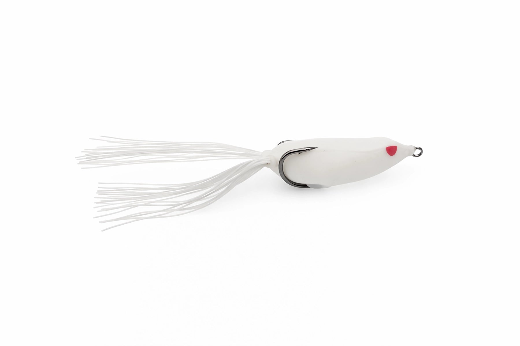 White fishing lure with a red dot on a white background