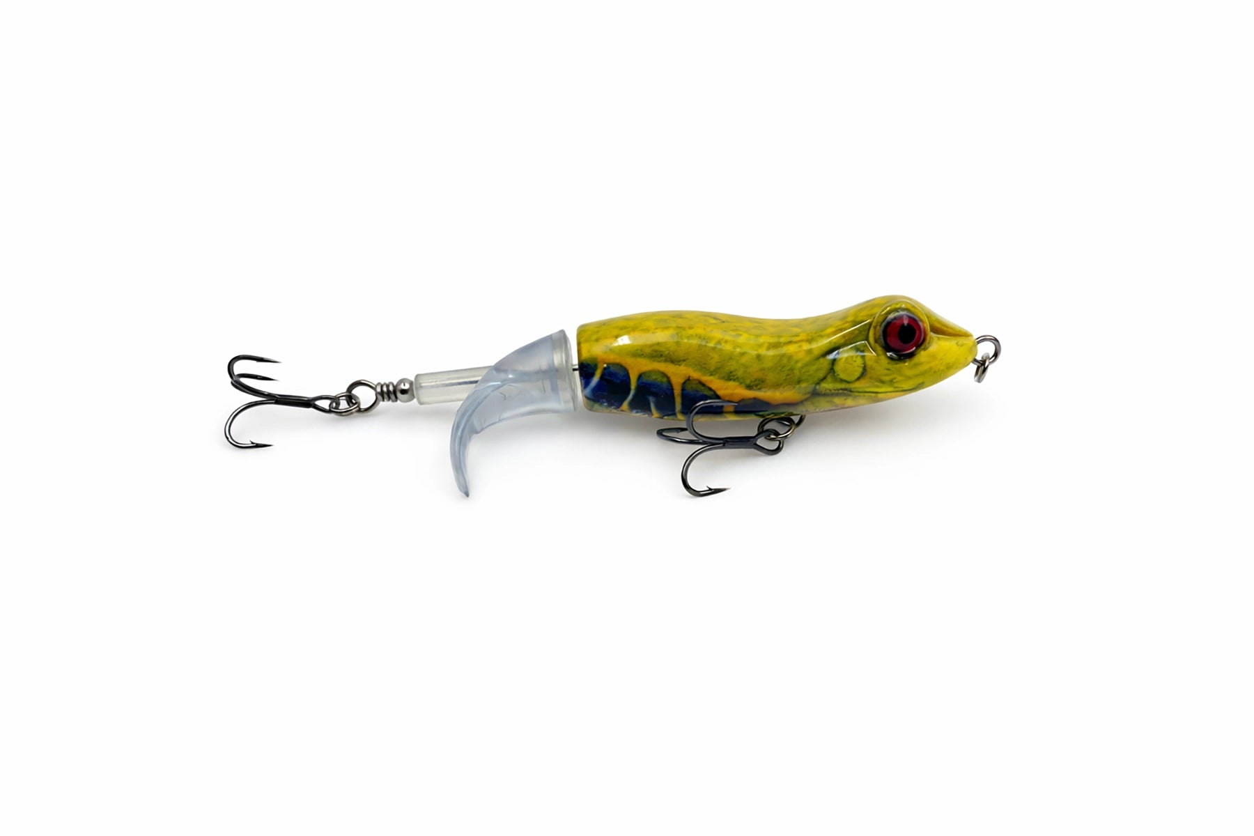 Fishing lure shaped like a frog on a white background