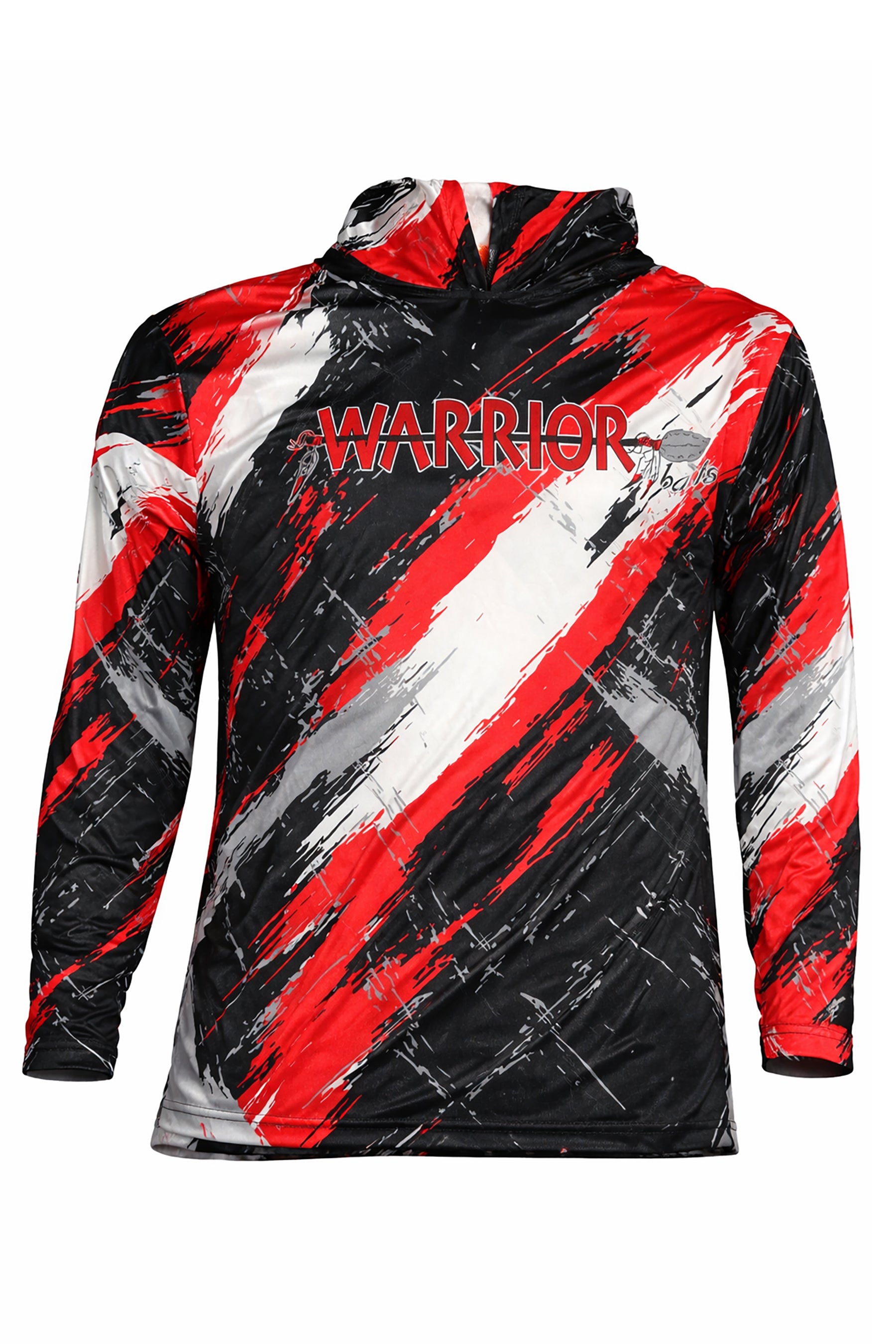 Hoodie with red, black, and white abstract pattern on a white background