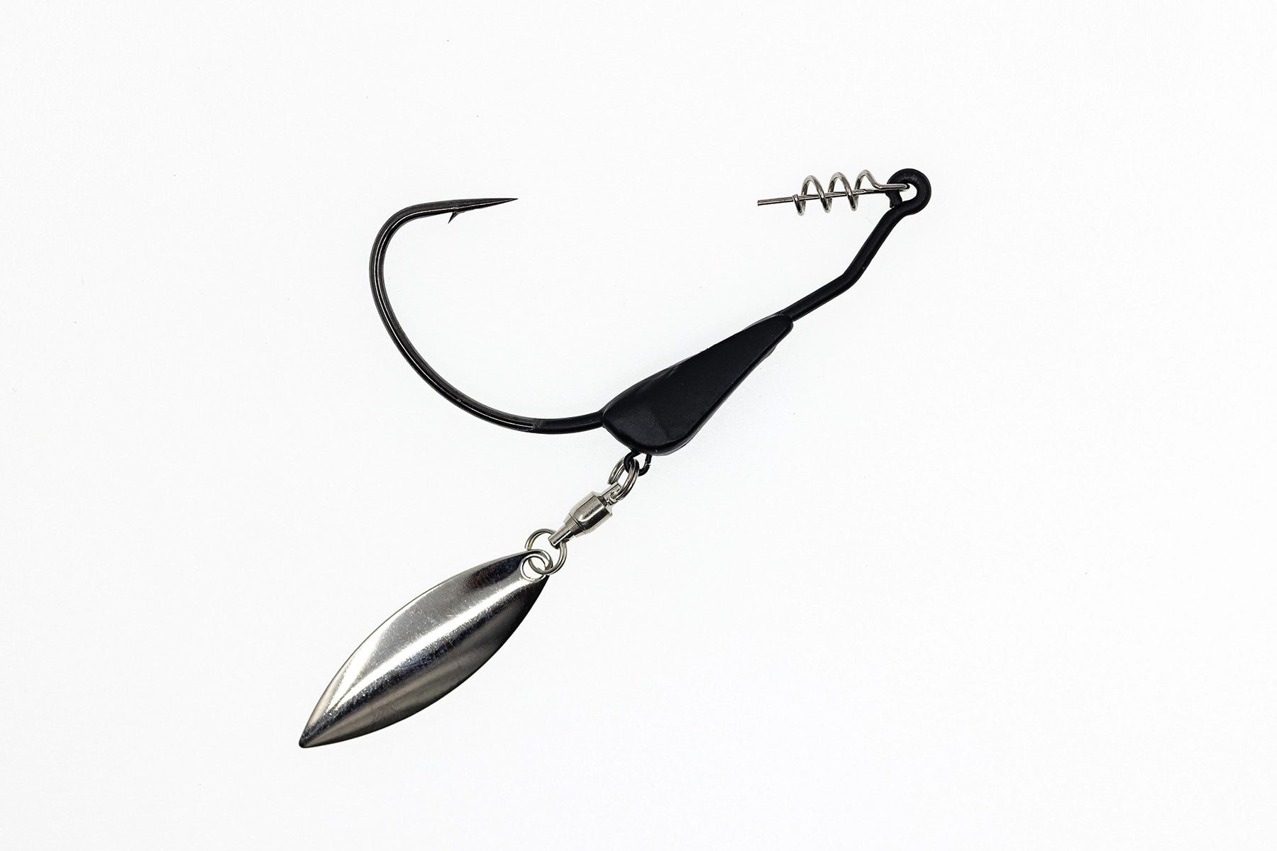Fishing lure with a metal blade and black skirt on a white background