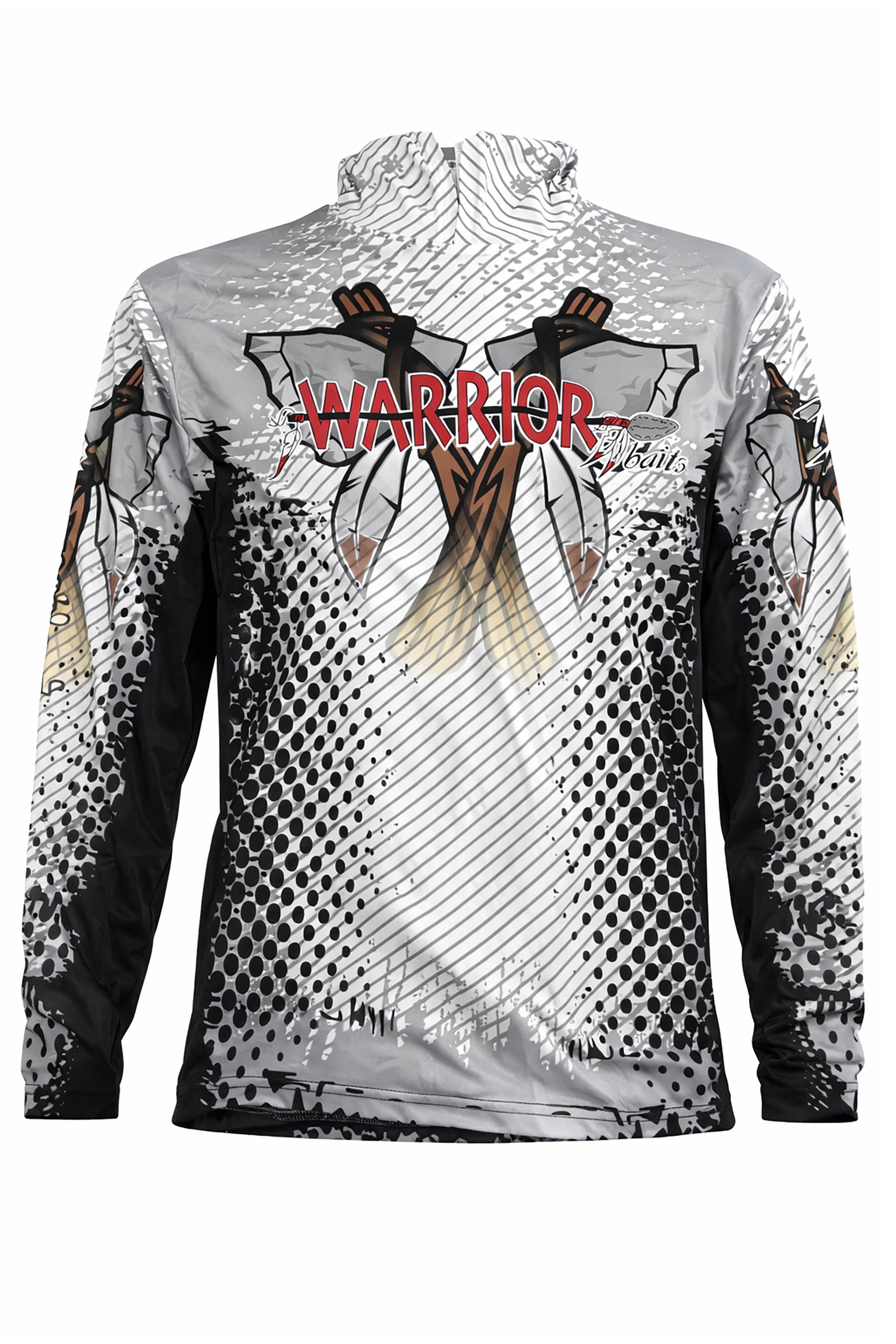 Gray and black patterned jacket with 'Warrior' branding on a white background
