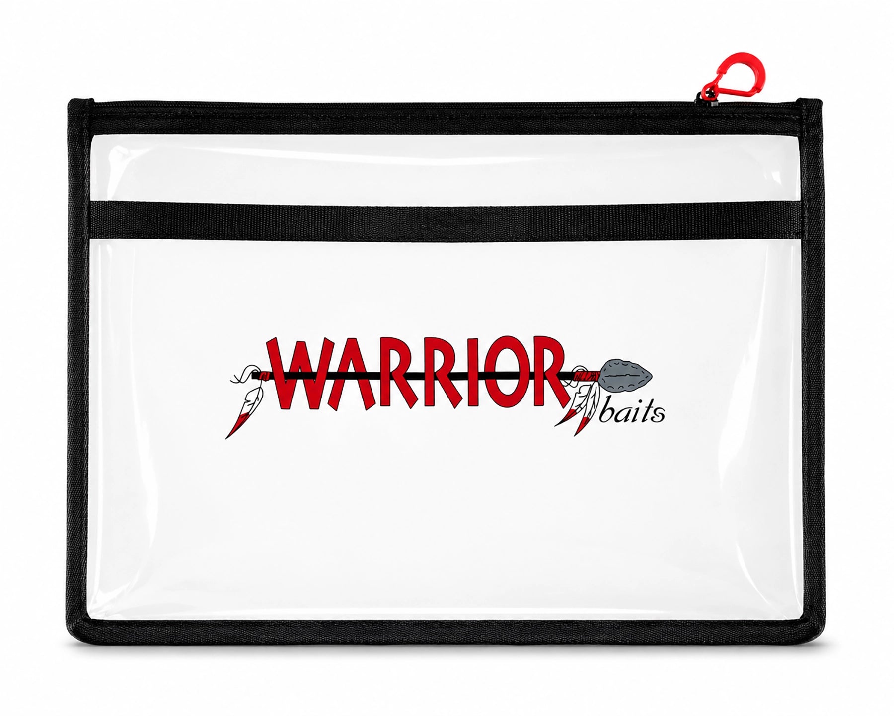 A clear plastic zippered pouch with a black border and a red zipper pull, featuring a red and black 'WARRIOR baits' logo printed on the front.