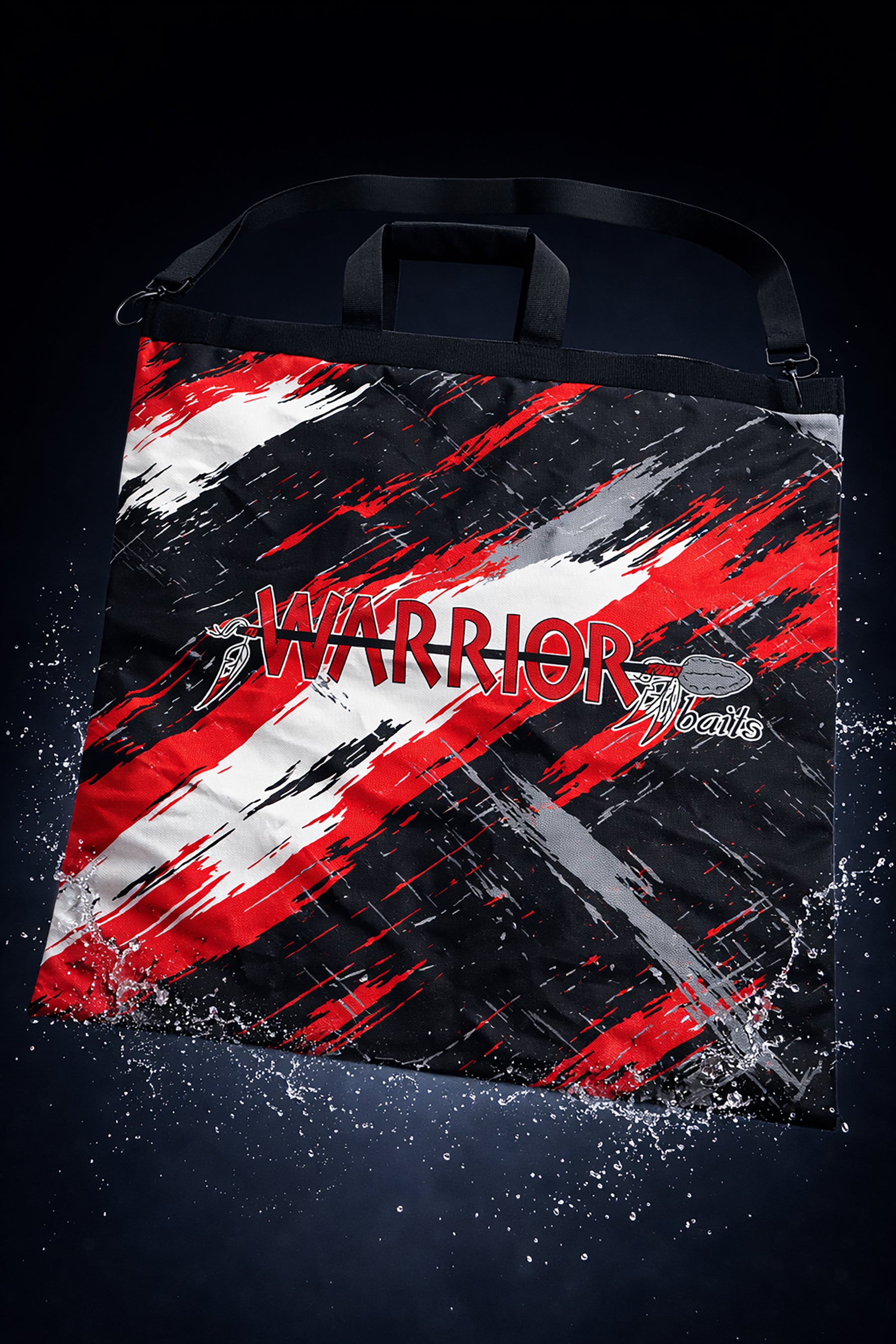 Bag with red, black, and white design featuring the word 'Warrior' on a dark background.