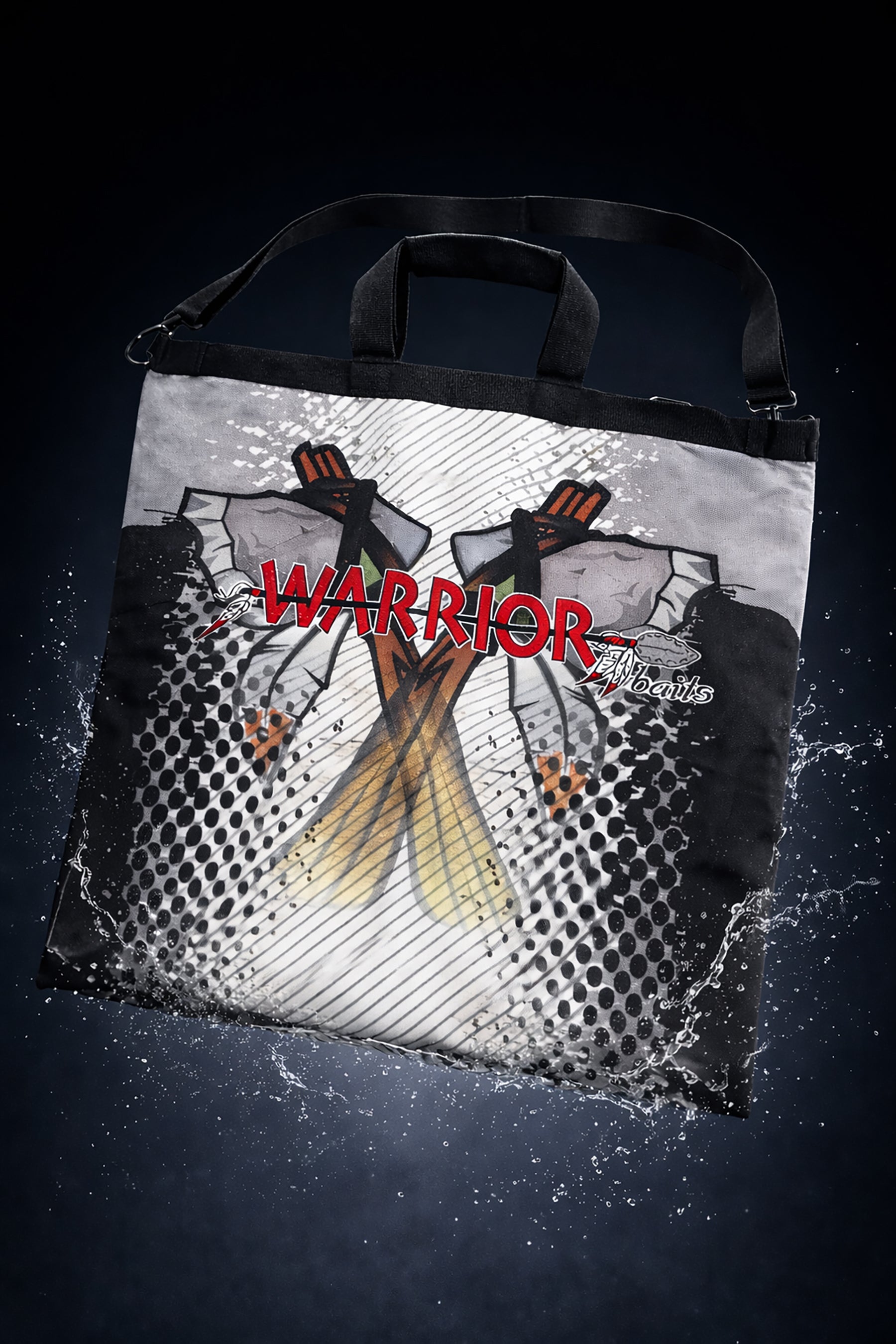 Tote bag with 'Warrior' branding on a dark background