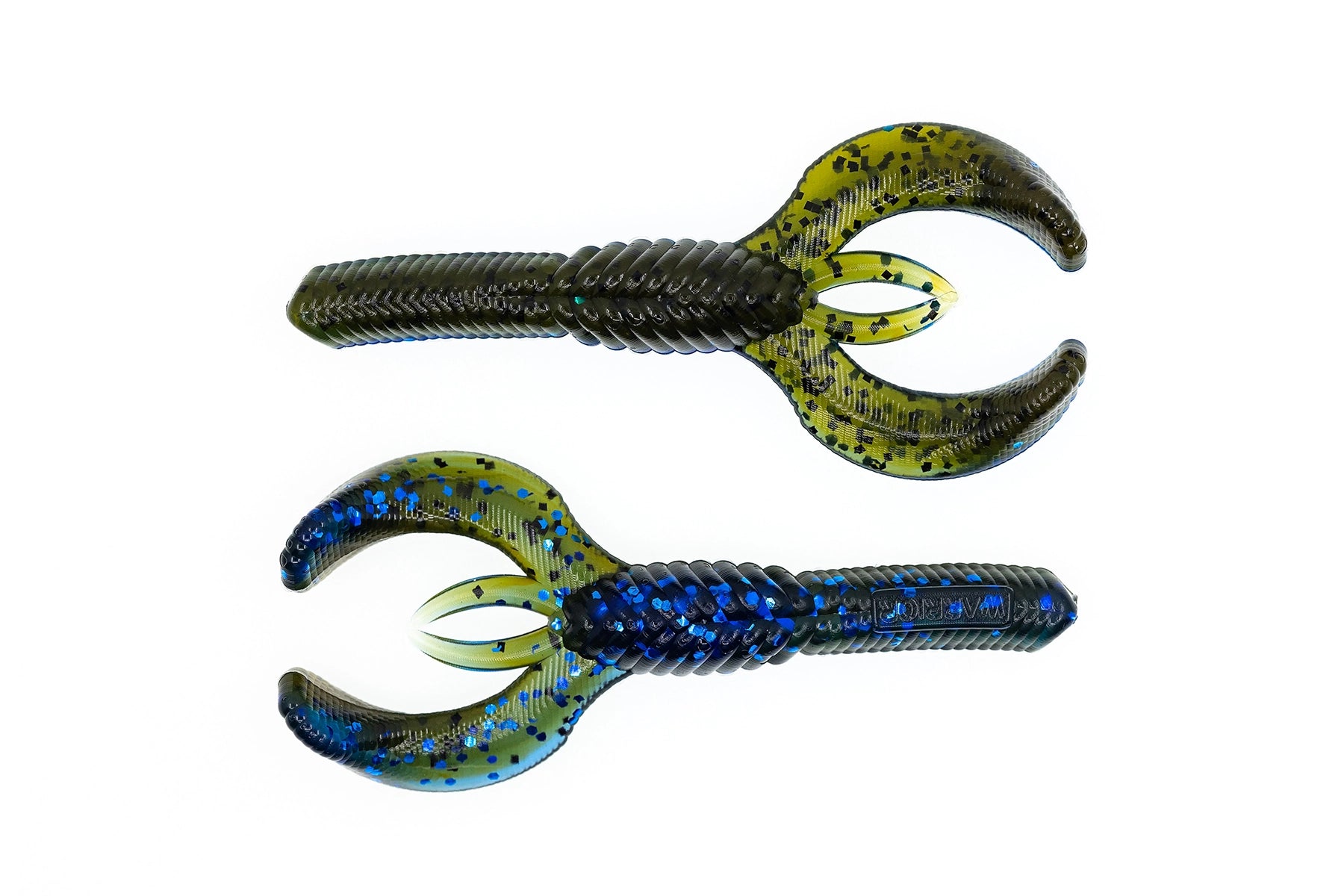 Two fishing lures with blue and green patterns on a white background