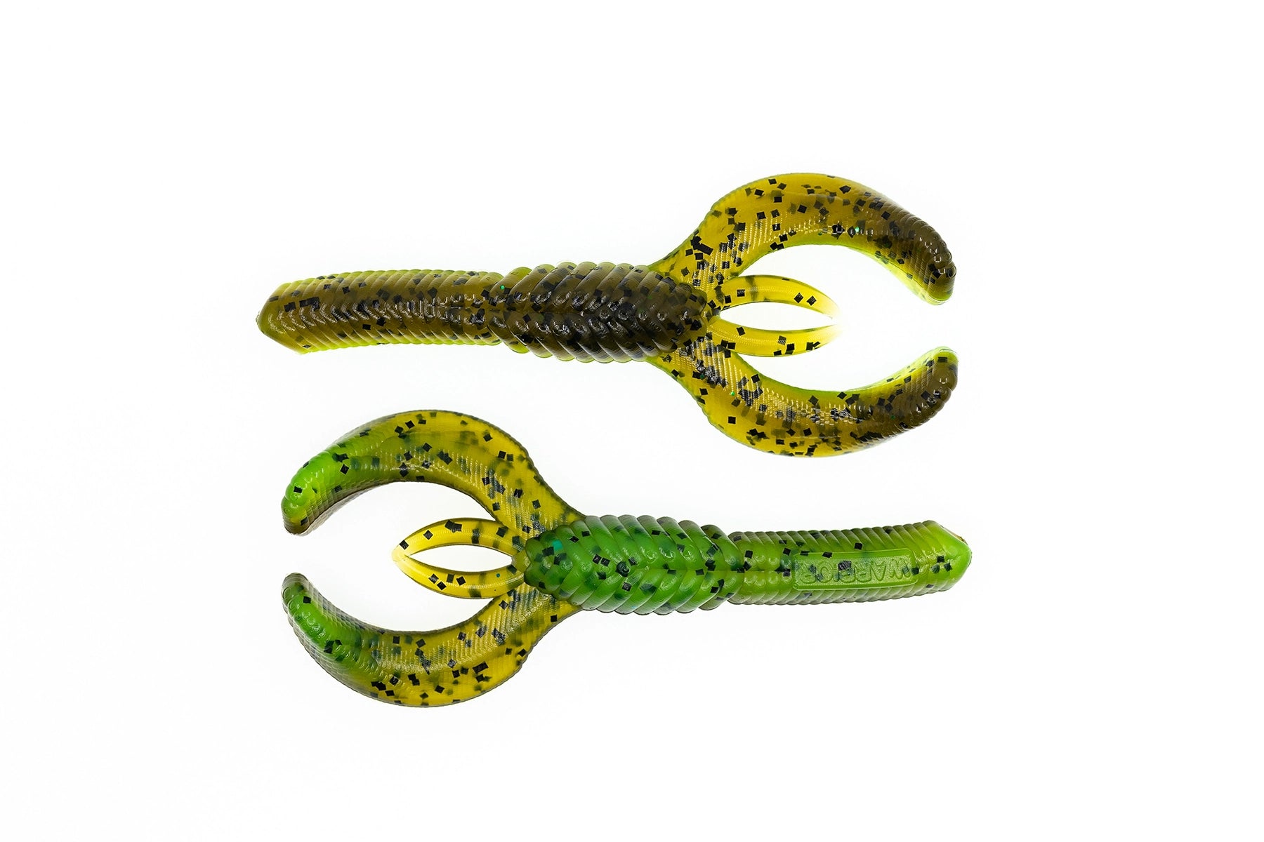 Two green and yellow fishing lures on a white background