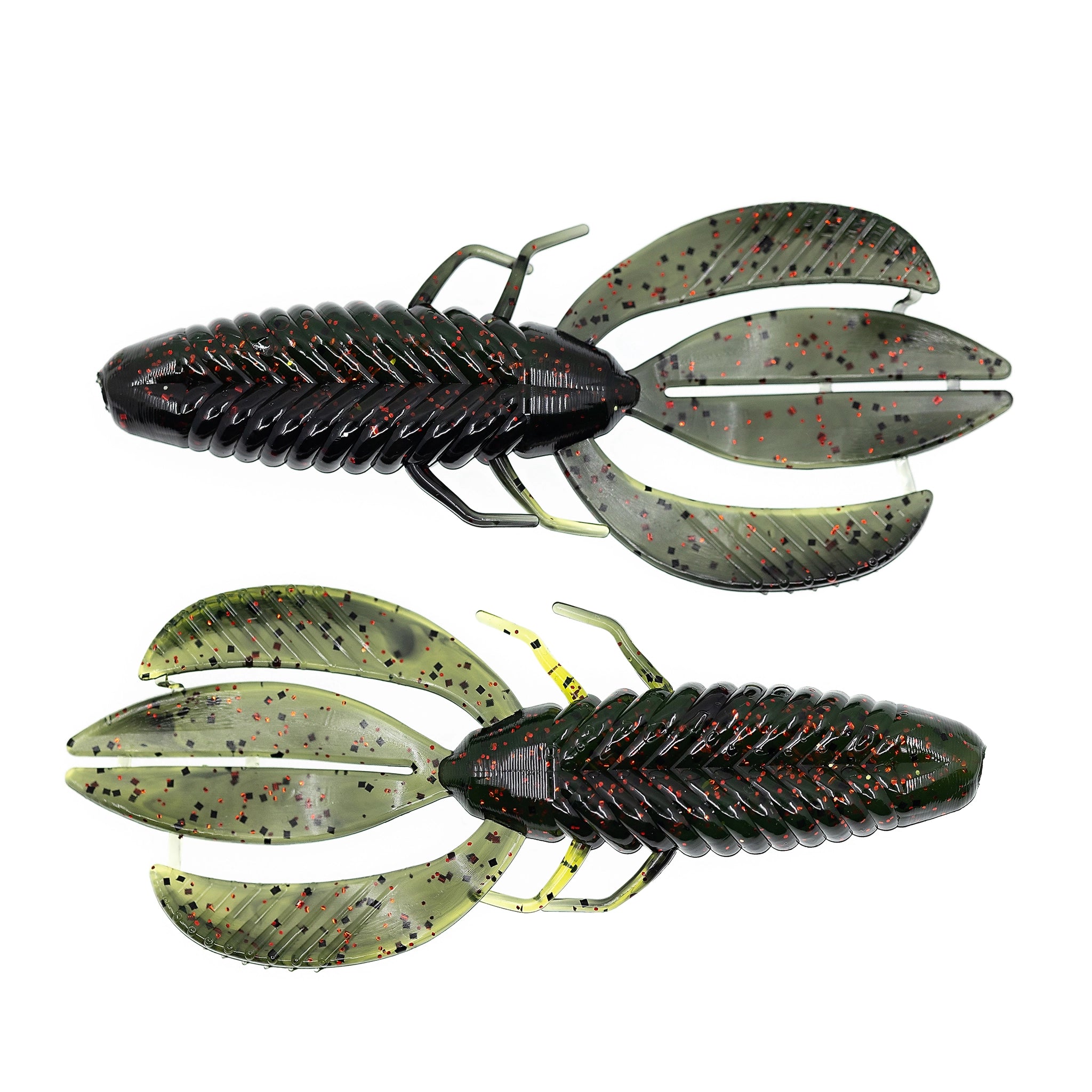 Two green and black crawfish-shaped fishing lures on a white background