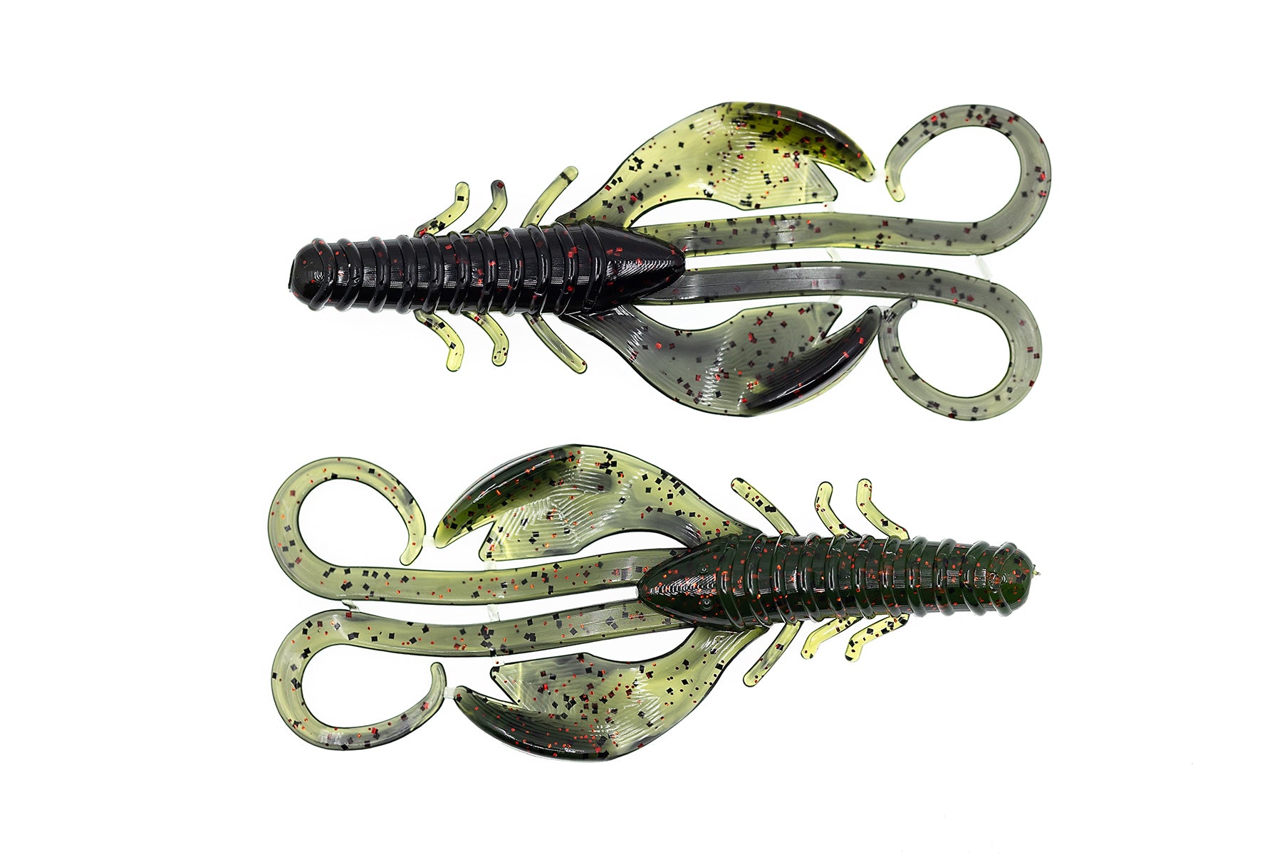 Two green and black fishing lures on a white background