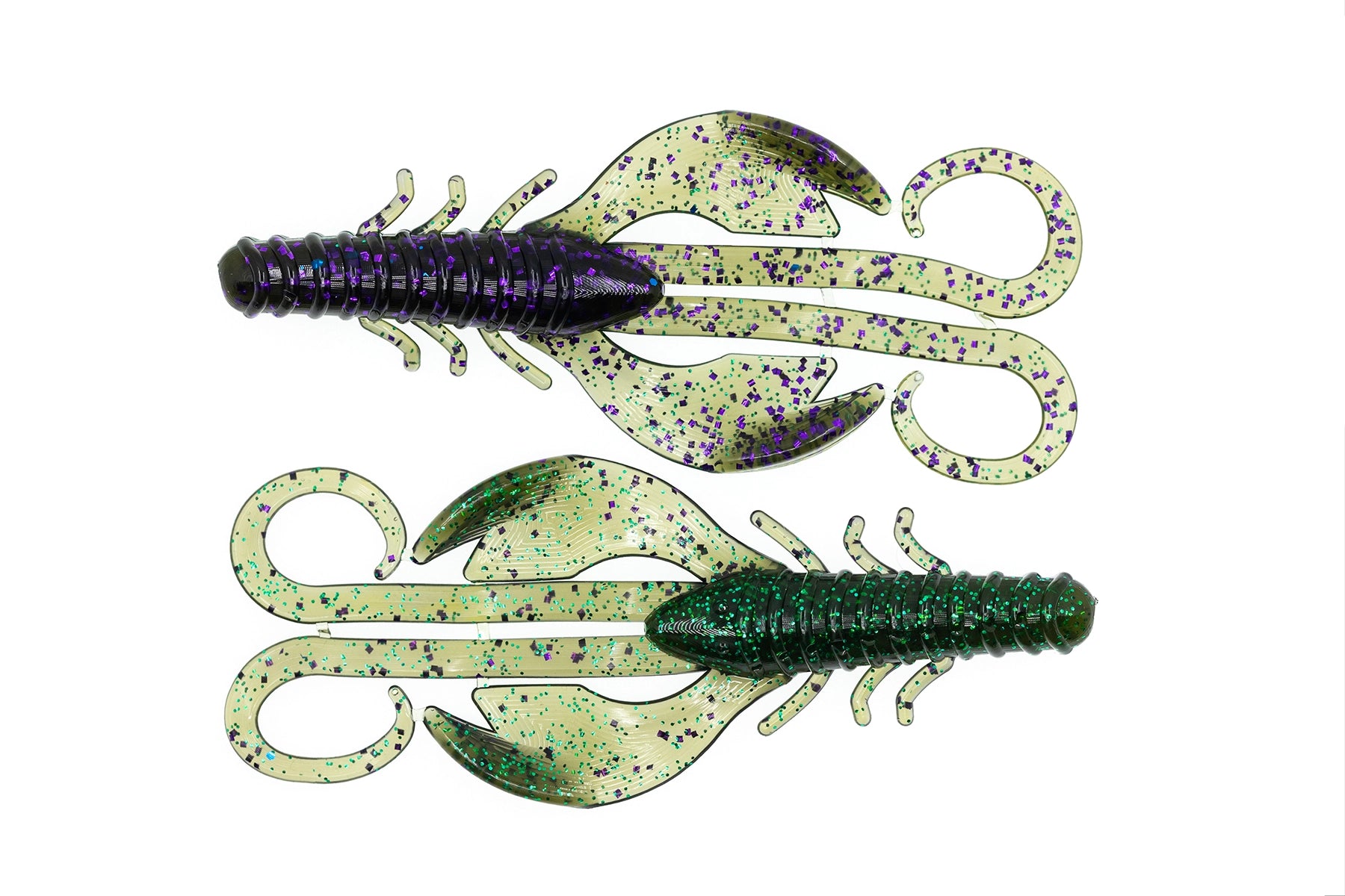 Two fishing lures with purple and green speckles on a white background