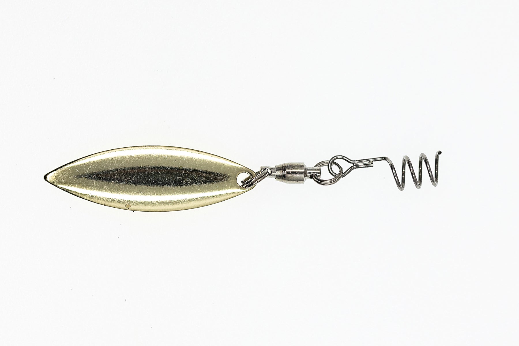 Fishing lure with a metallic finish on a white background