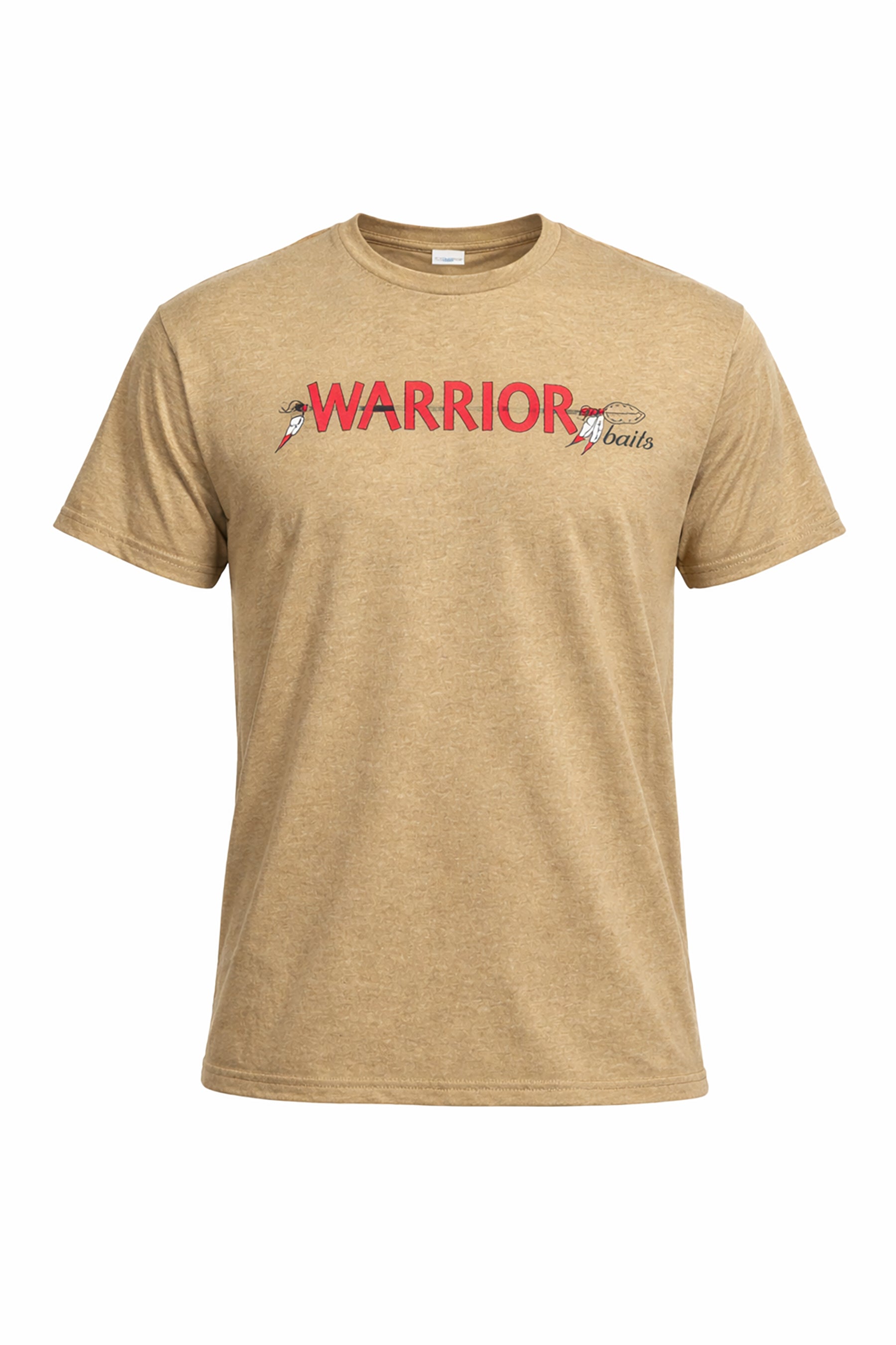 Beige t-shirt with 'Warrior' logo on a white background