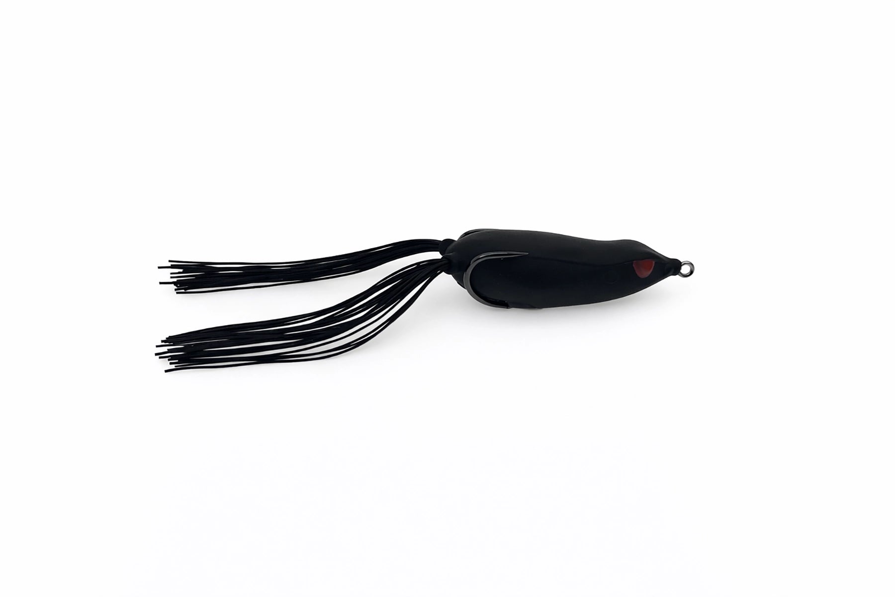 Black fishing lure with a white background