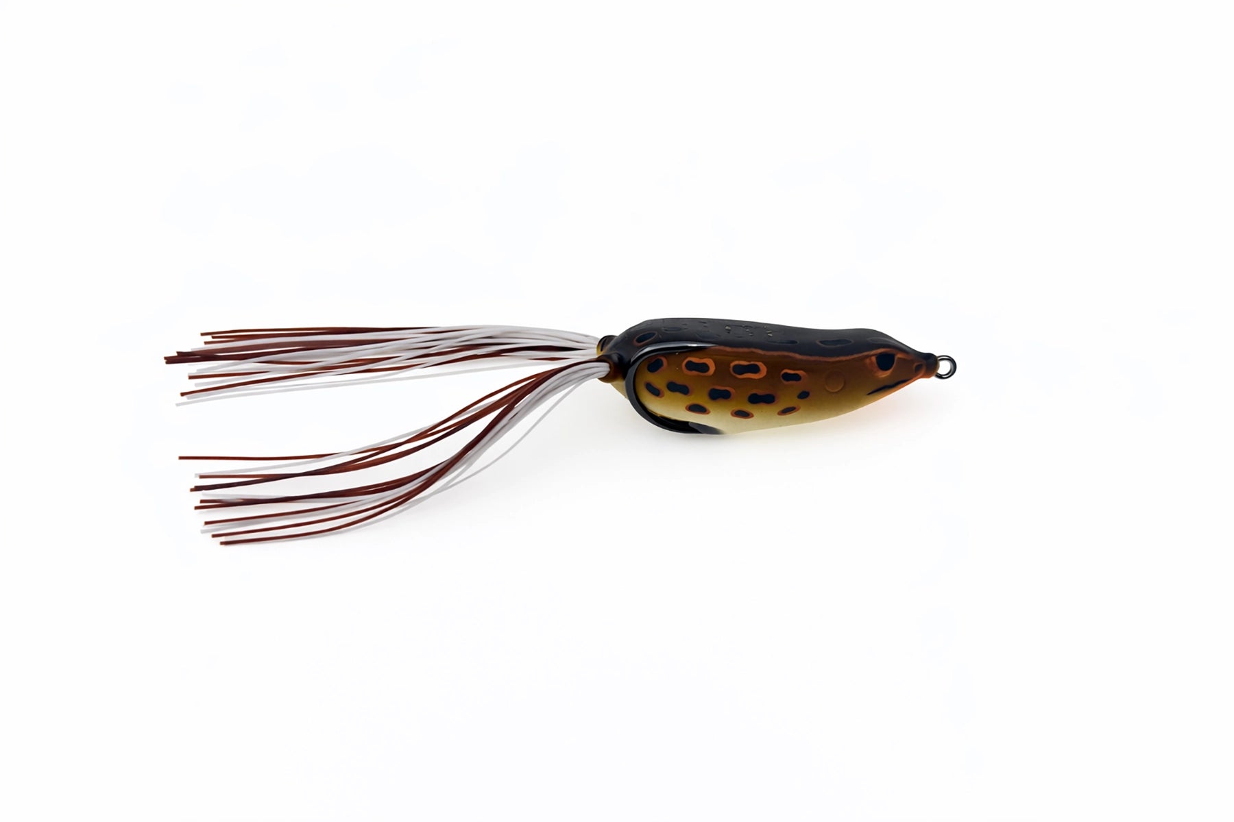 Fishing lure with a black and brown body and red skirt on a white background