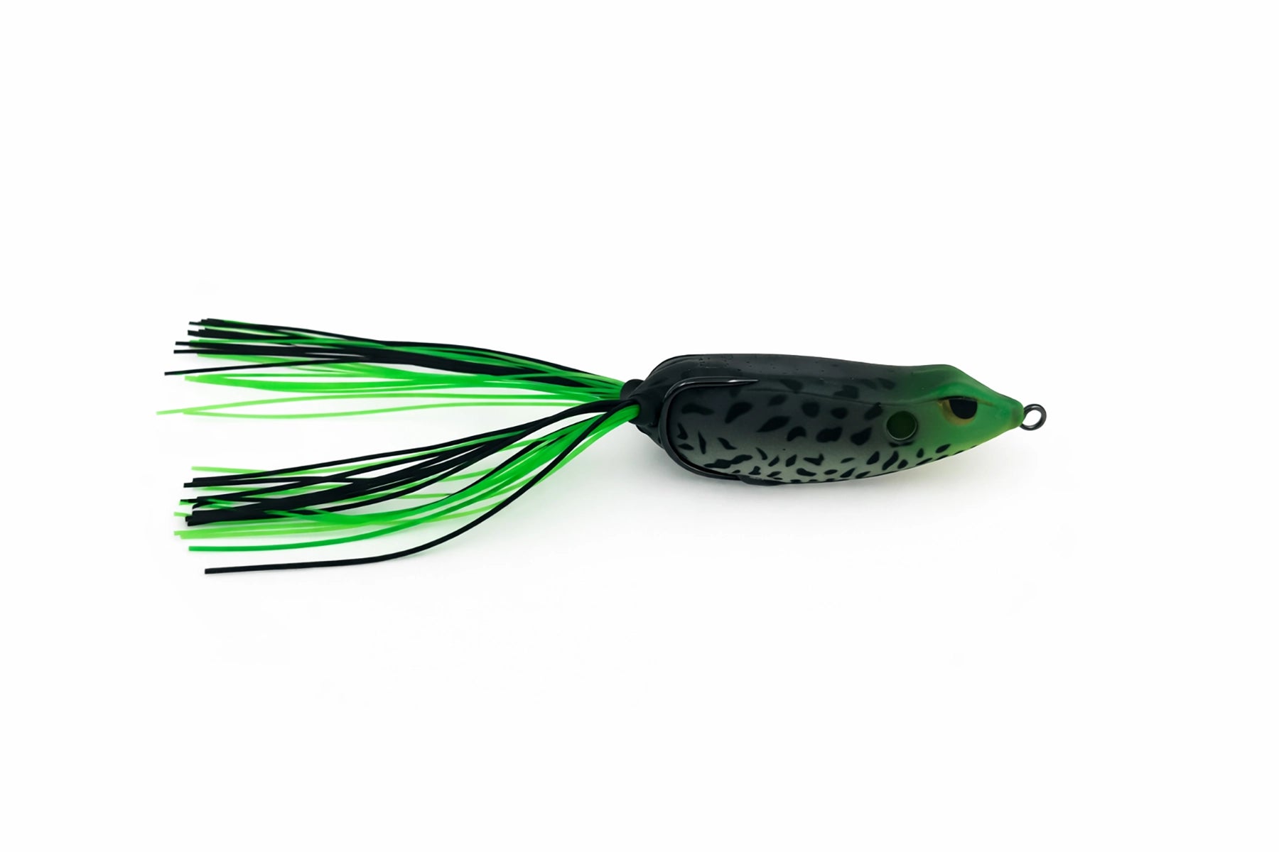 Fishing lure with green and black details on a white background