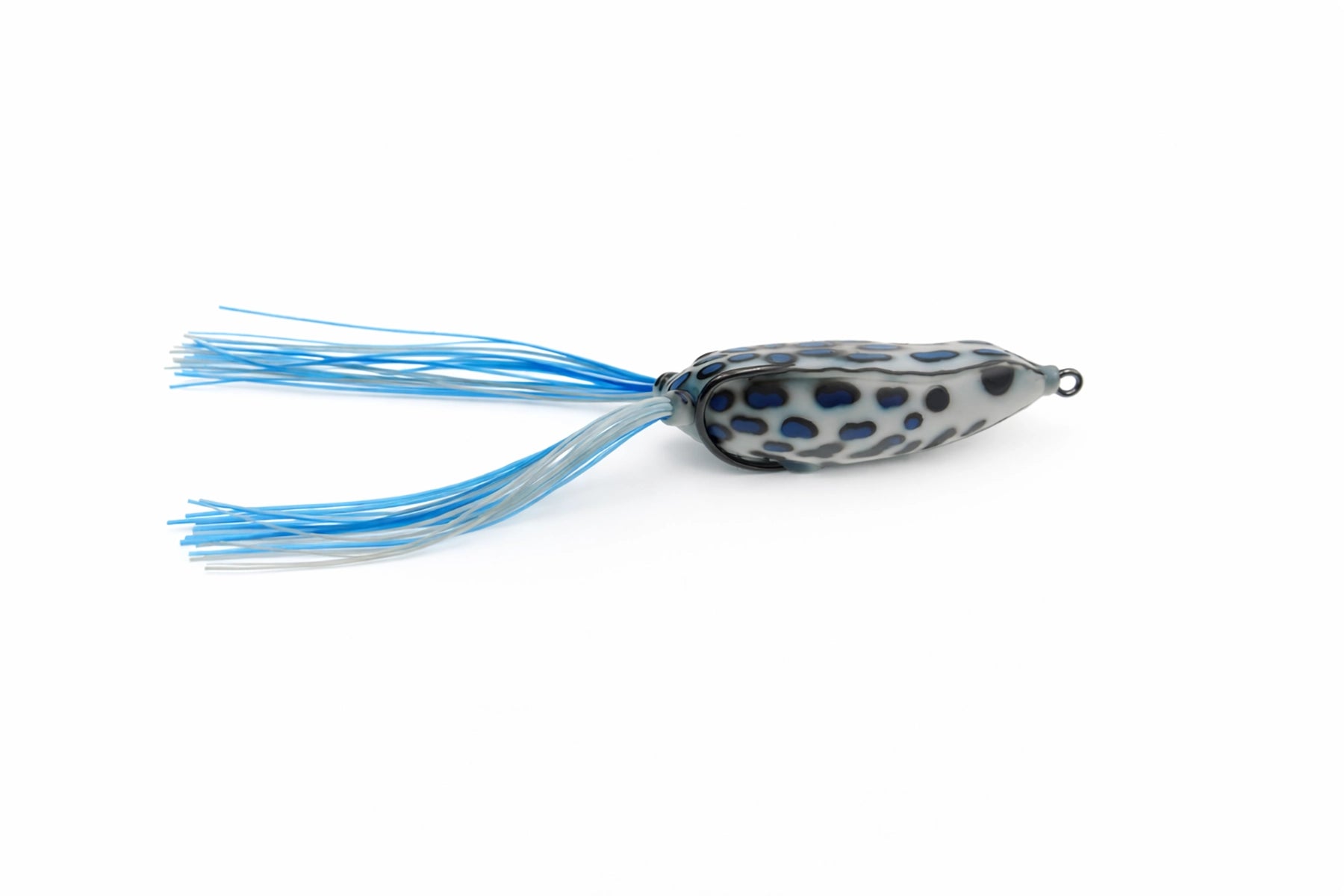 Fishing lure with blue and white tail on a white background