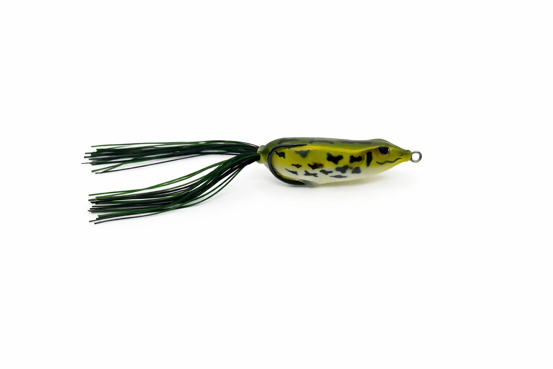 Fishing lure with green and black details on a white background