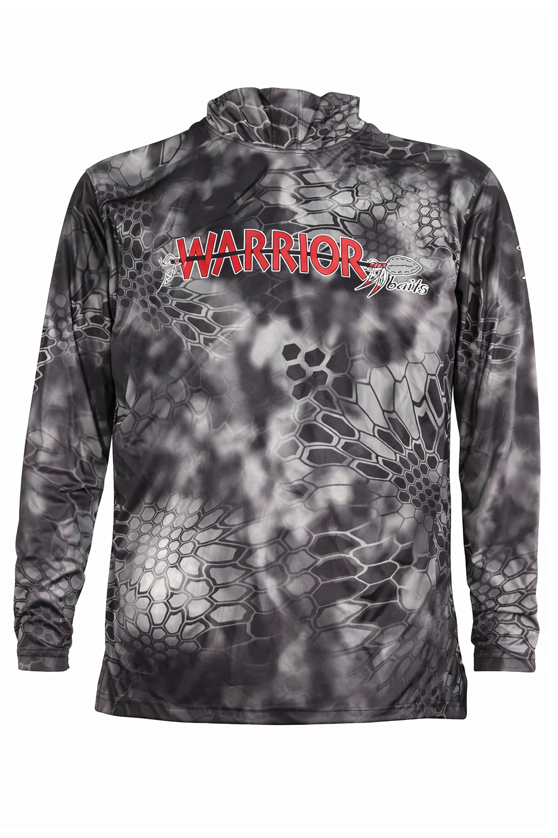 Long-sleeve shirt with camouflage pattern and 'Warrior' logo on a white background