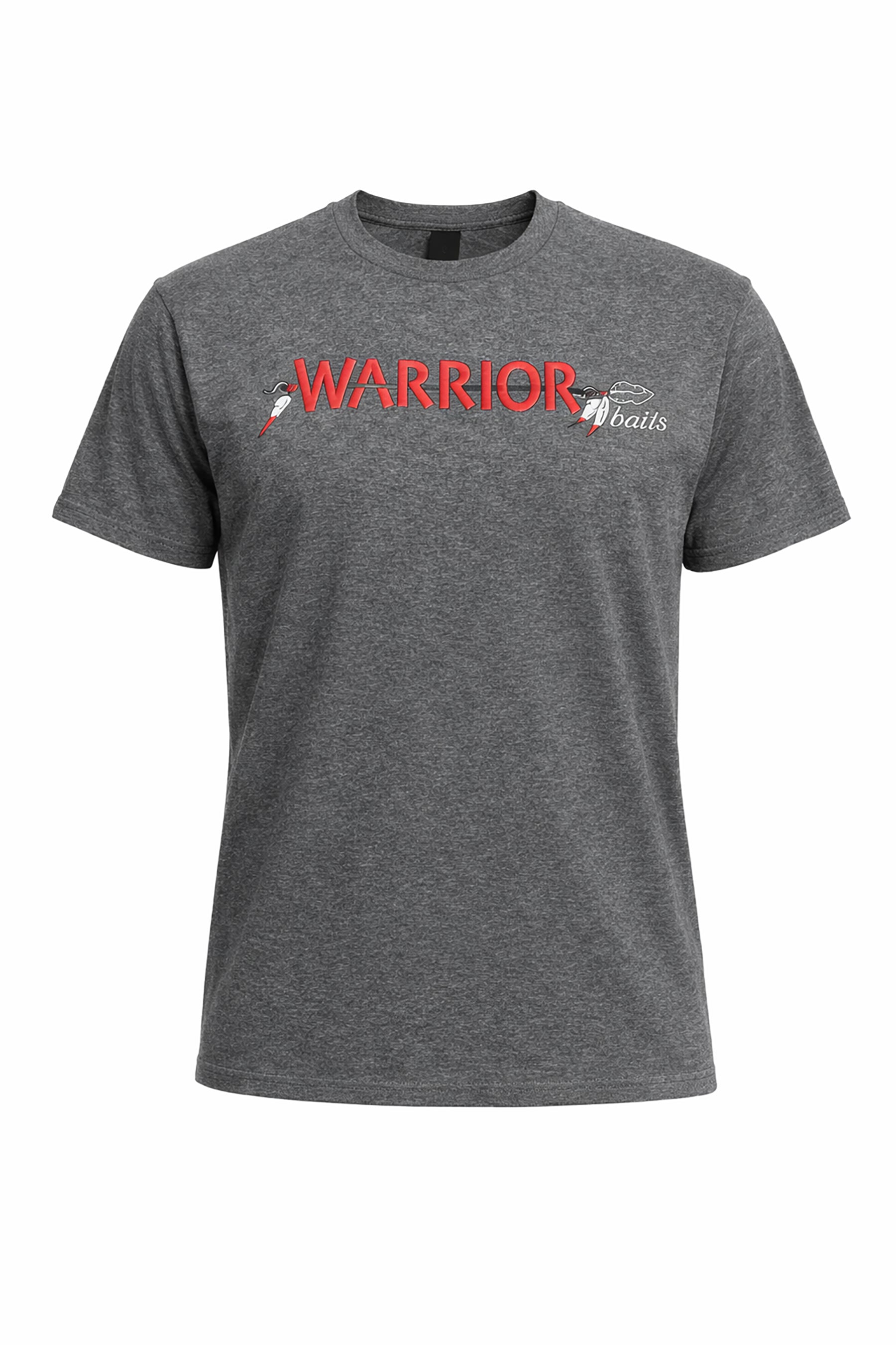 Gray t-shirt with red and white logo on a white background