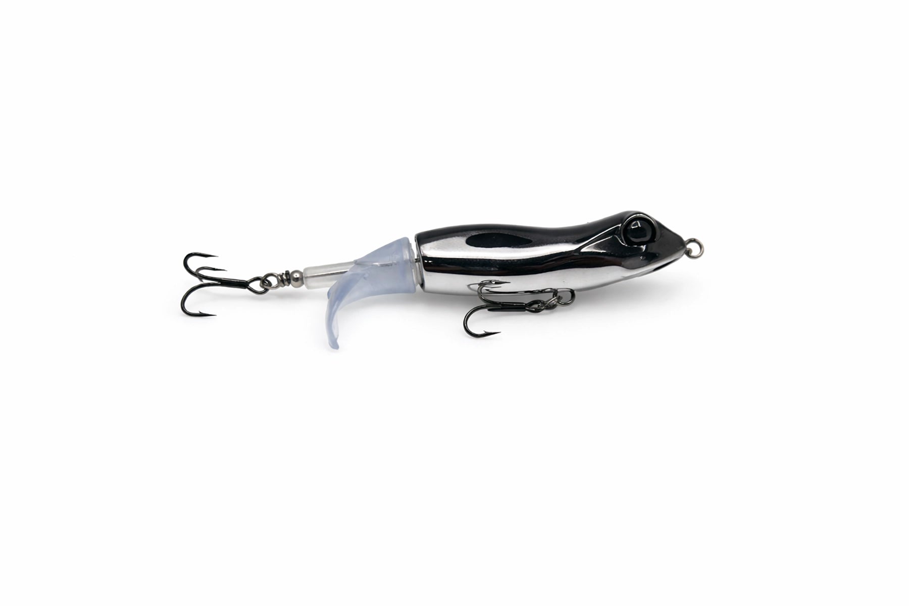 Fishing lure with a metallic finish on a white background