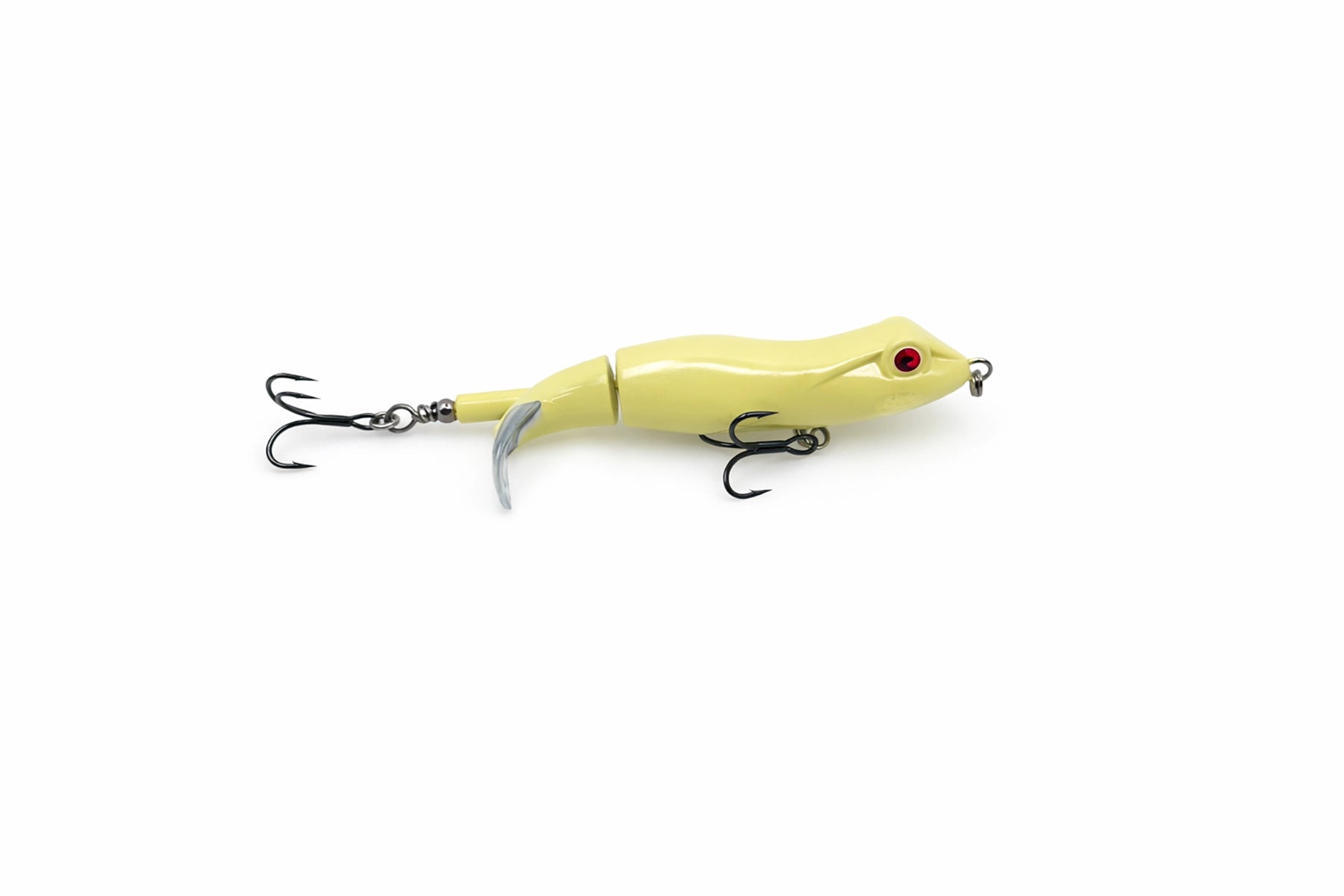 Yellow frog-shaped fishing lure on a white background