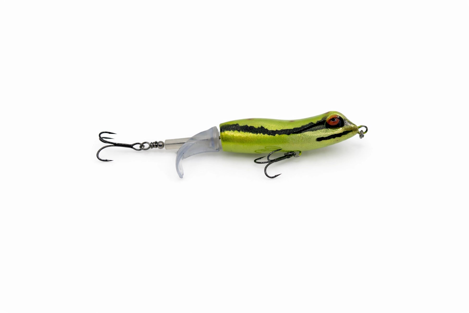 Fishing lure with a green body and red eye on a white background