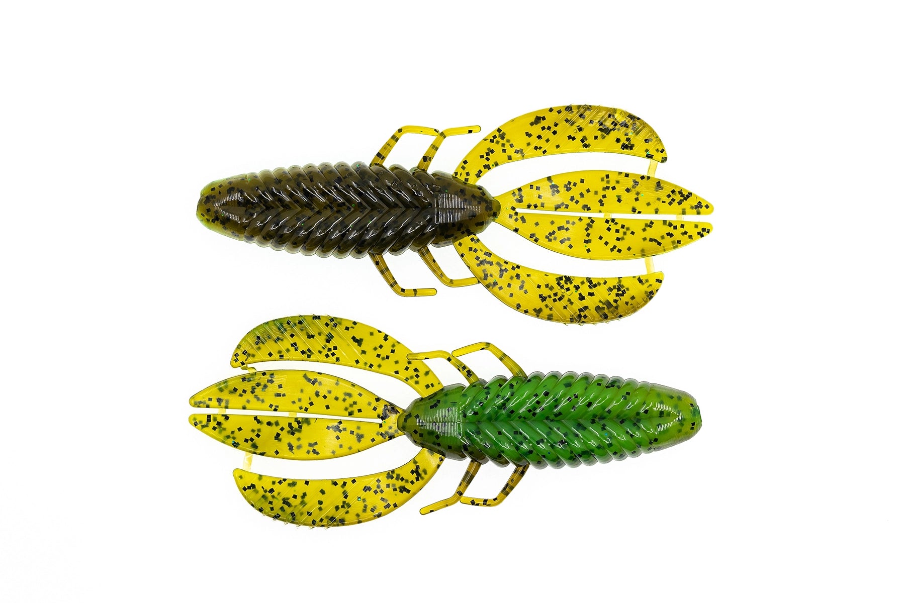 Two green and yellow fishing lures on a white background