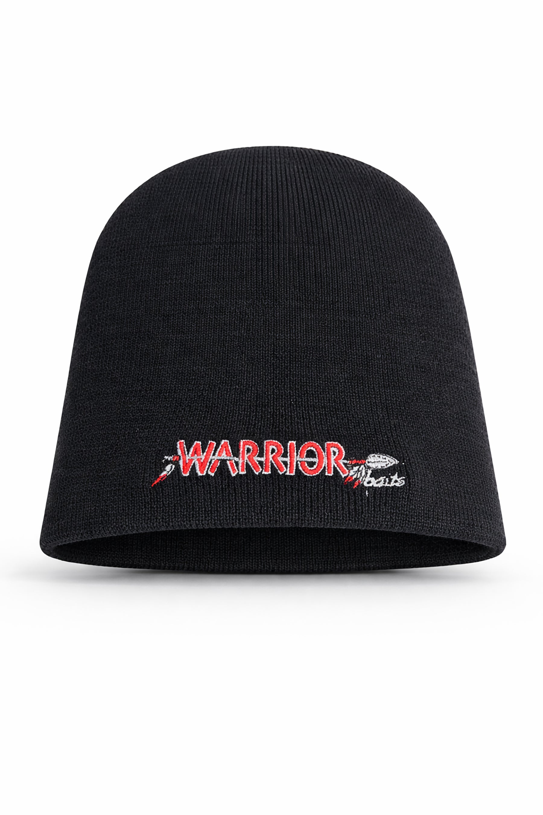 Black beanie with 'Warrior' logo on a white background