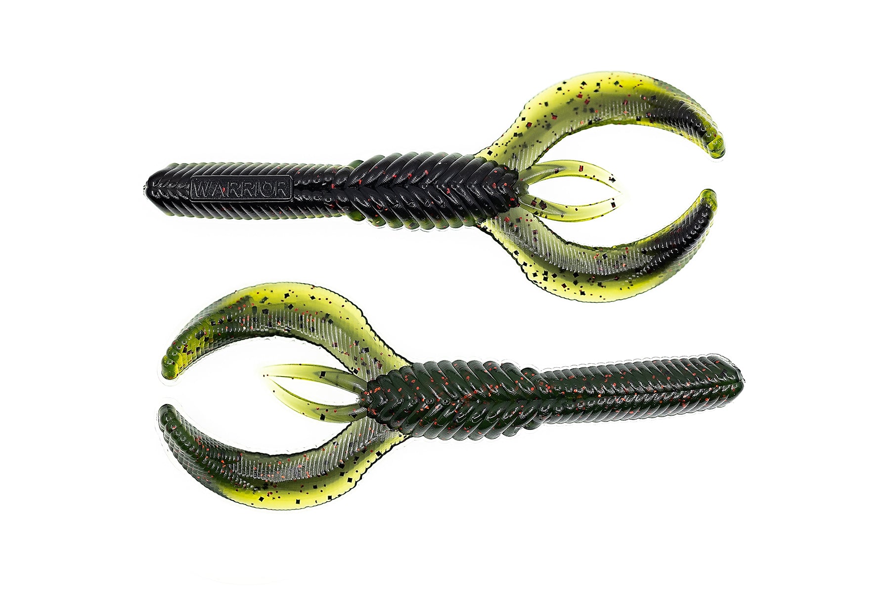 Two green and black fishing lures on a white background