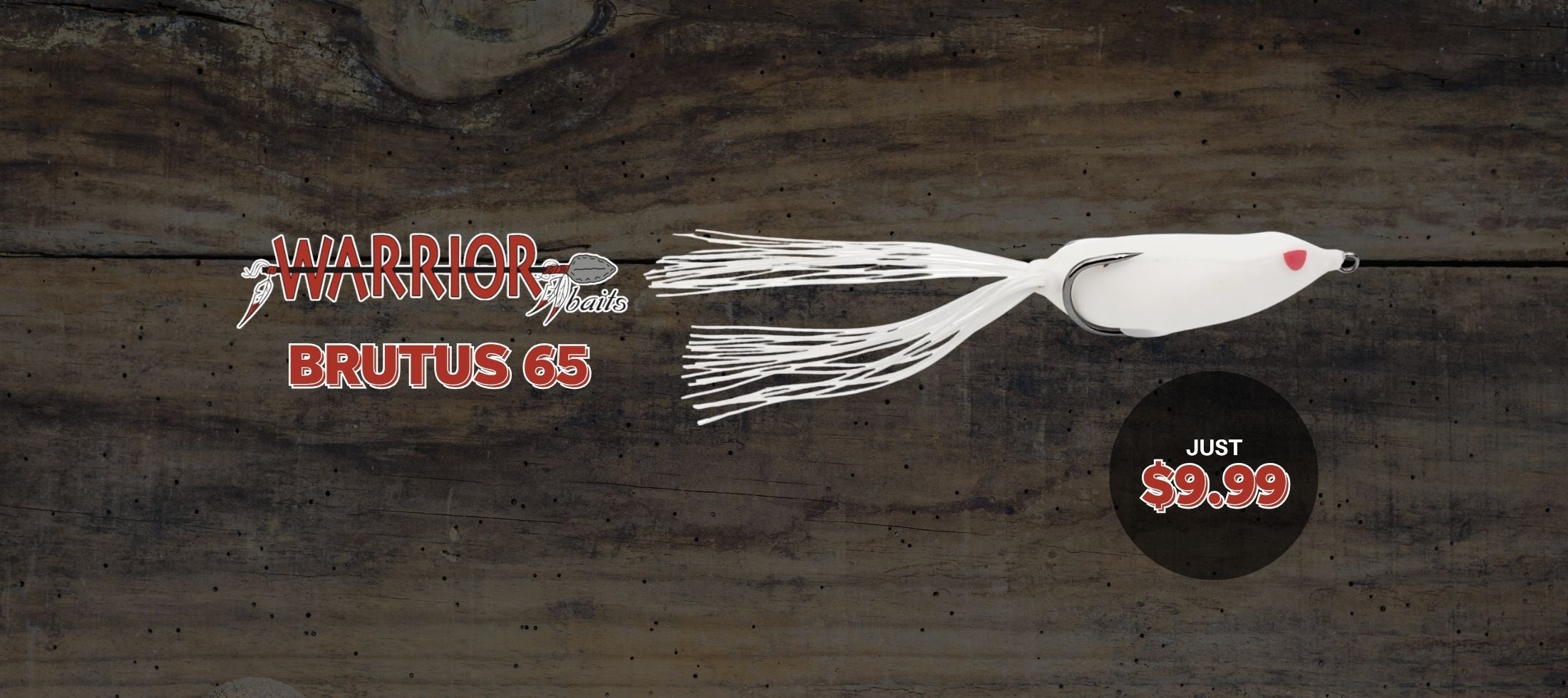 Fishing lure with 'Warrior Lures' branding on a wooden background