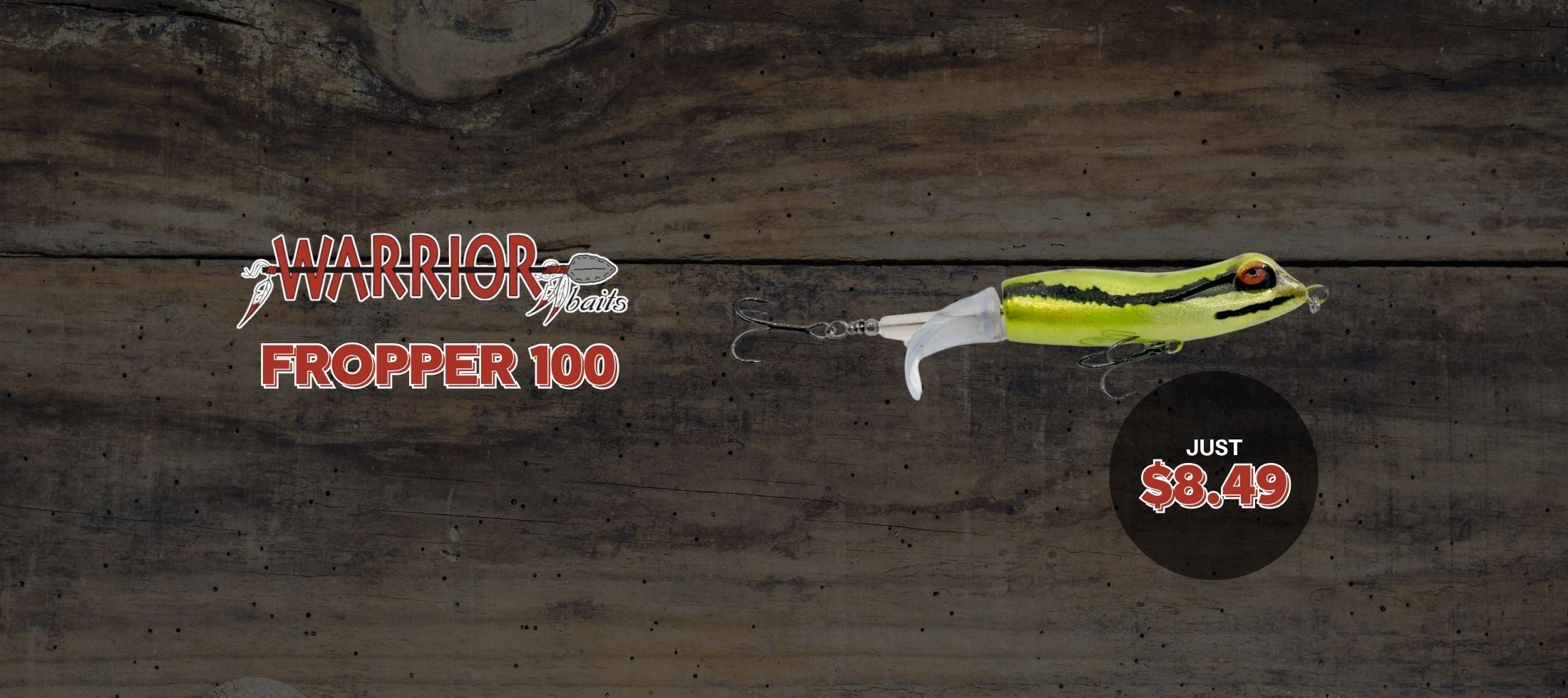 Warrior Fropper 100 fishing lure on a wooden background with price tag.