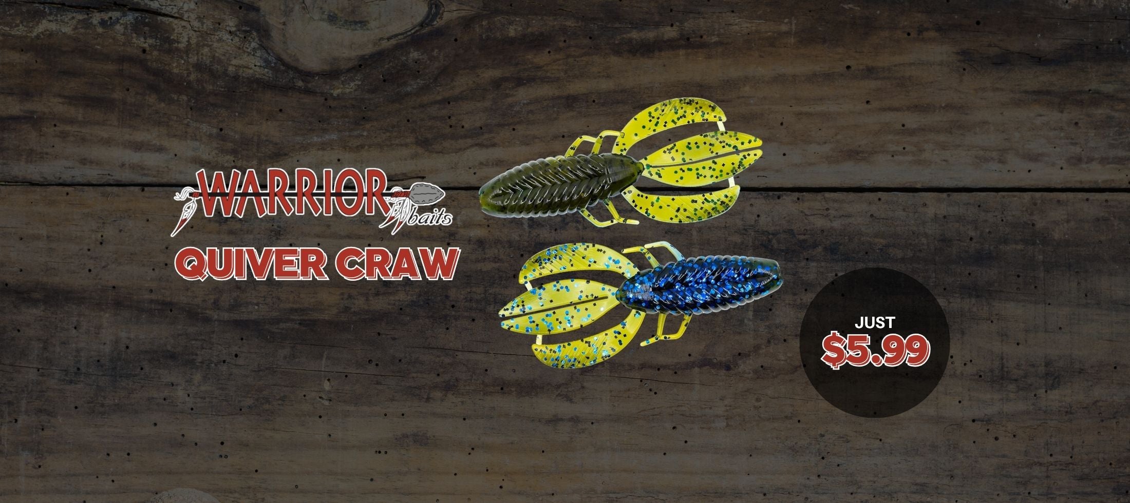 Warrior Lures Quiver Craw with two models on a wooden background, featuring the brand logo and price.